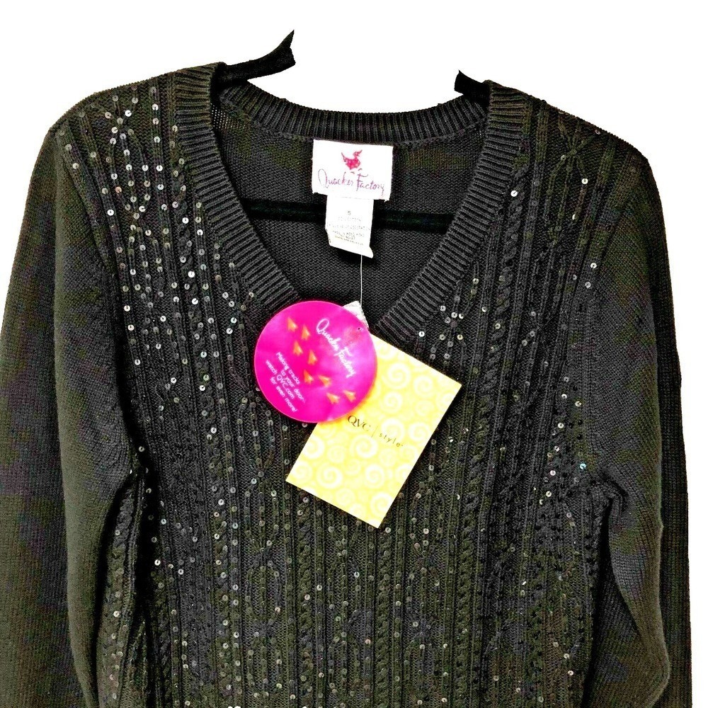NWT Black Sequin Cable Knit Sweater Women's S V Neck‎ Quacker Factory Whimsigoth